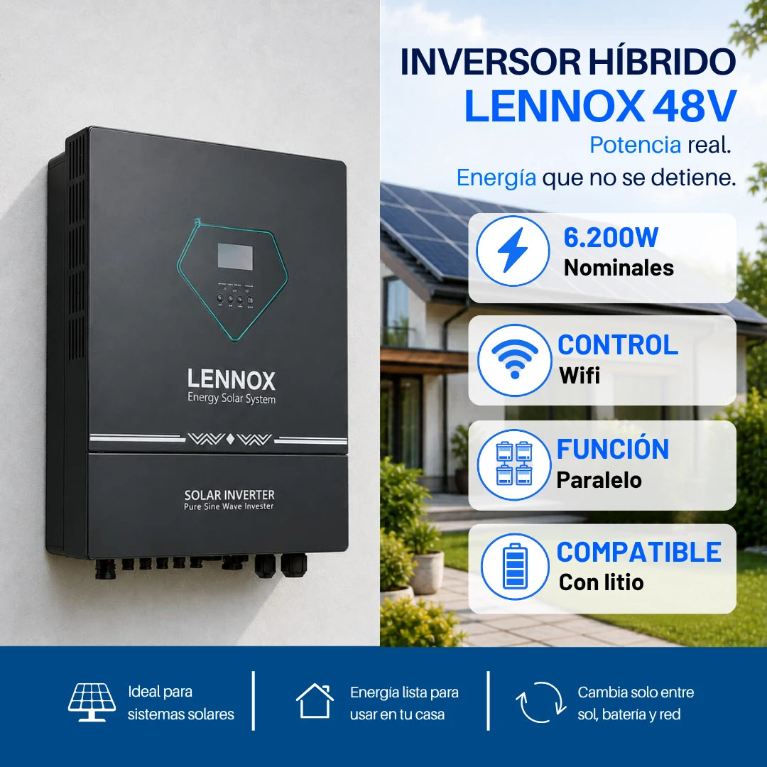 Inversor hibrido off grid 6200w 48v alta eficiencia Lennox premiun bms wifi paralelo